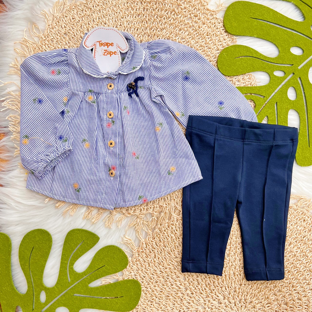 Conj. Batinha Listrada com Florzinha e Calça Legging - Azul Marinho